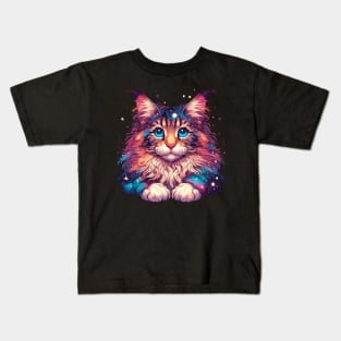 Colorful Maine Coon Cosmic Cat in Stars Kids T-Shirt